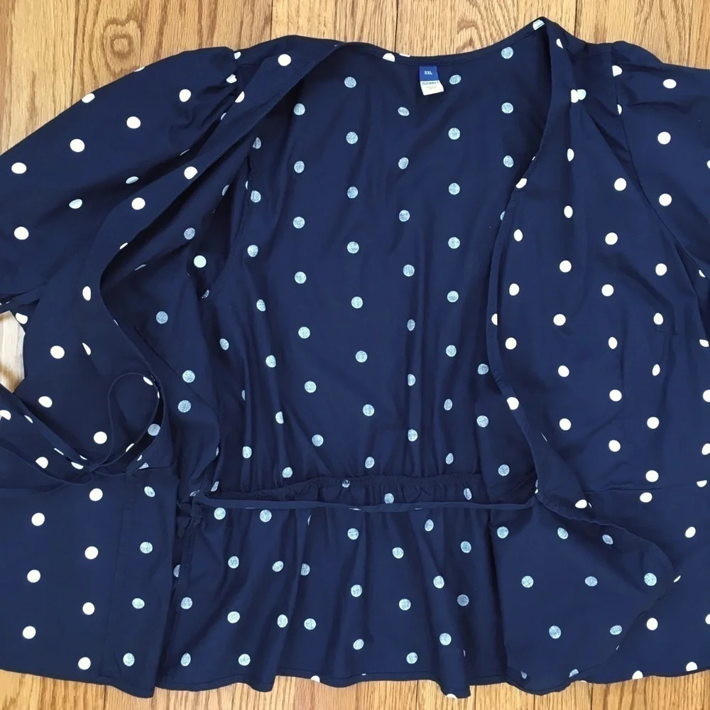 Old Navy Navy White Dots Waist Defined Puff Short Sleeve Tie-Wrap Blouse